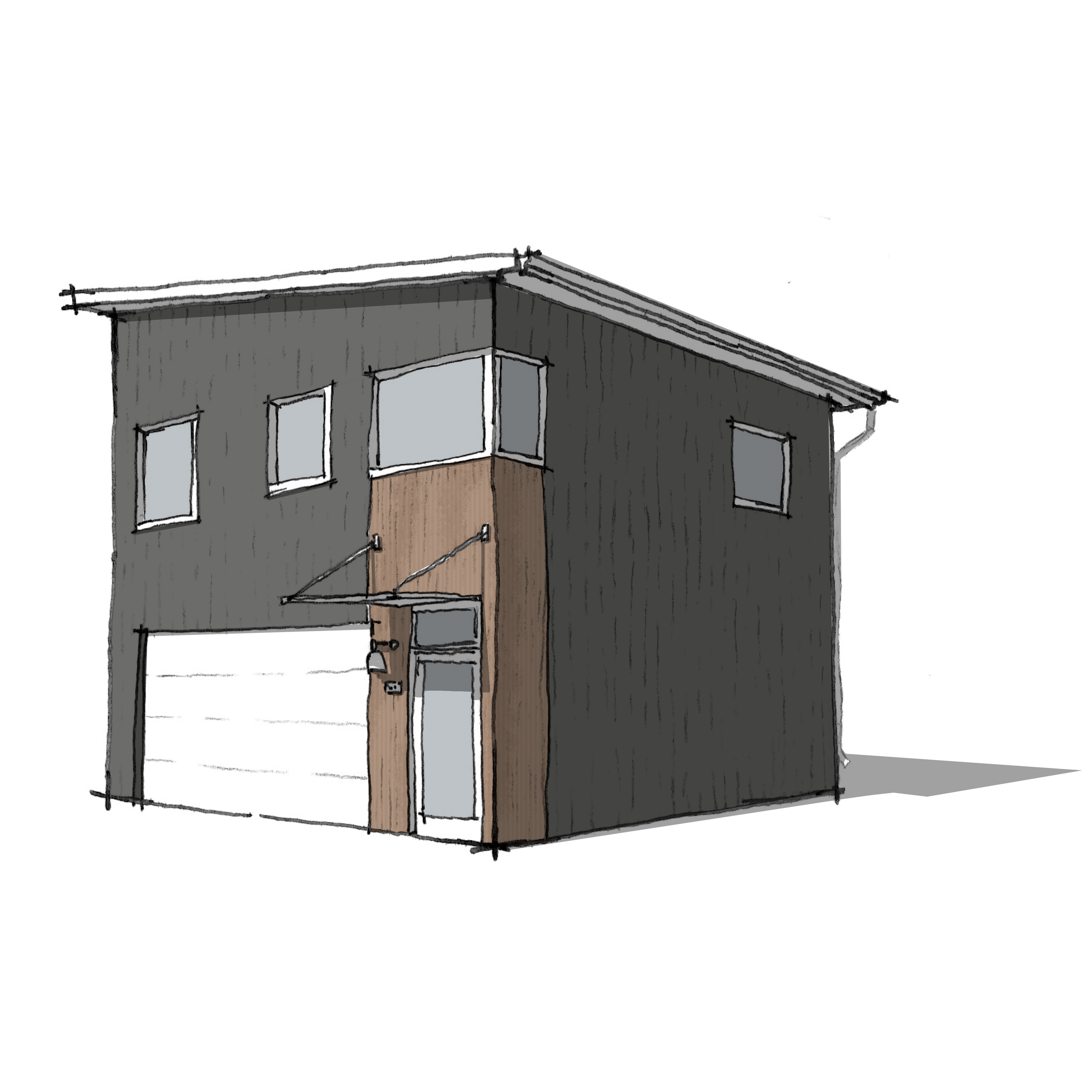 Sketch of a modern two-story house with dark exterior walls, large windows, and a wooden front door.
