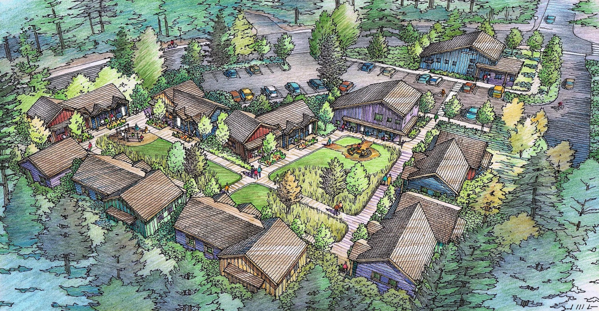 An illustrated view of a community park with several small colorful houses, green lawns, walking paths, trees, and parked cars, surrounded by forest.