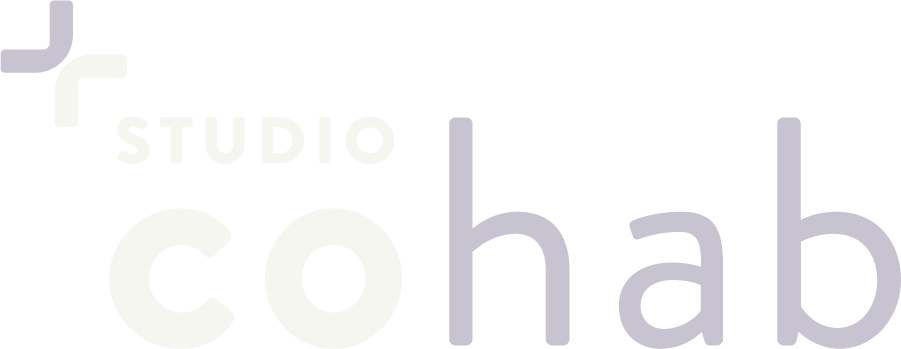 Logo for Studio Cohab with black background and white and lavender text.