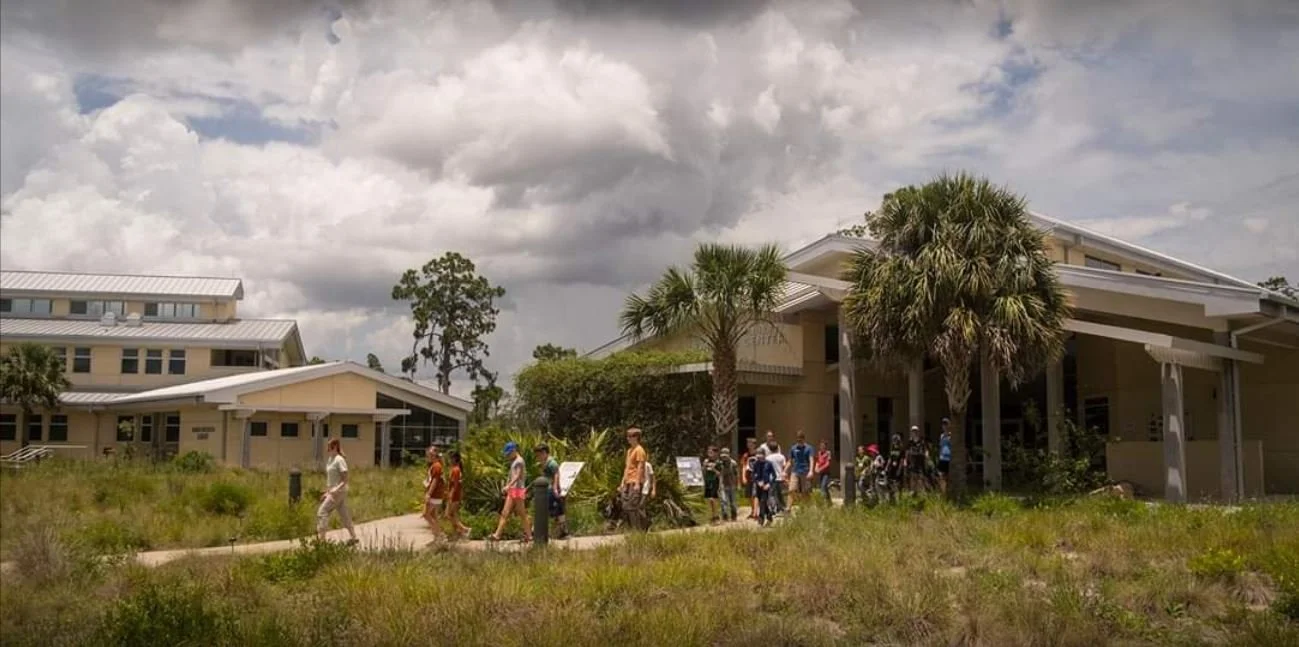 Group of people walking on a sidewalk in front of a building with palm trees and cloudy sky.