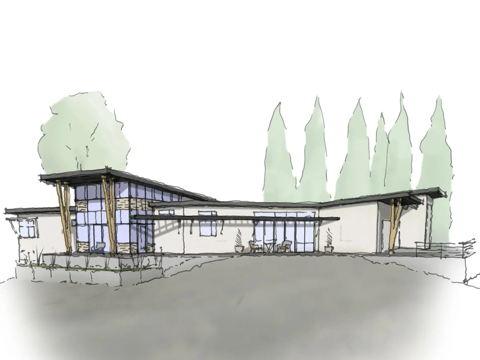 Watercolor sketch of a modern house with large windows, wooden accents, a covered patio, and surrounded by tall trees.