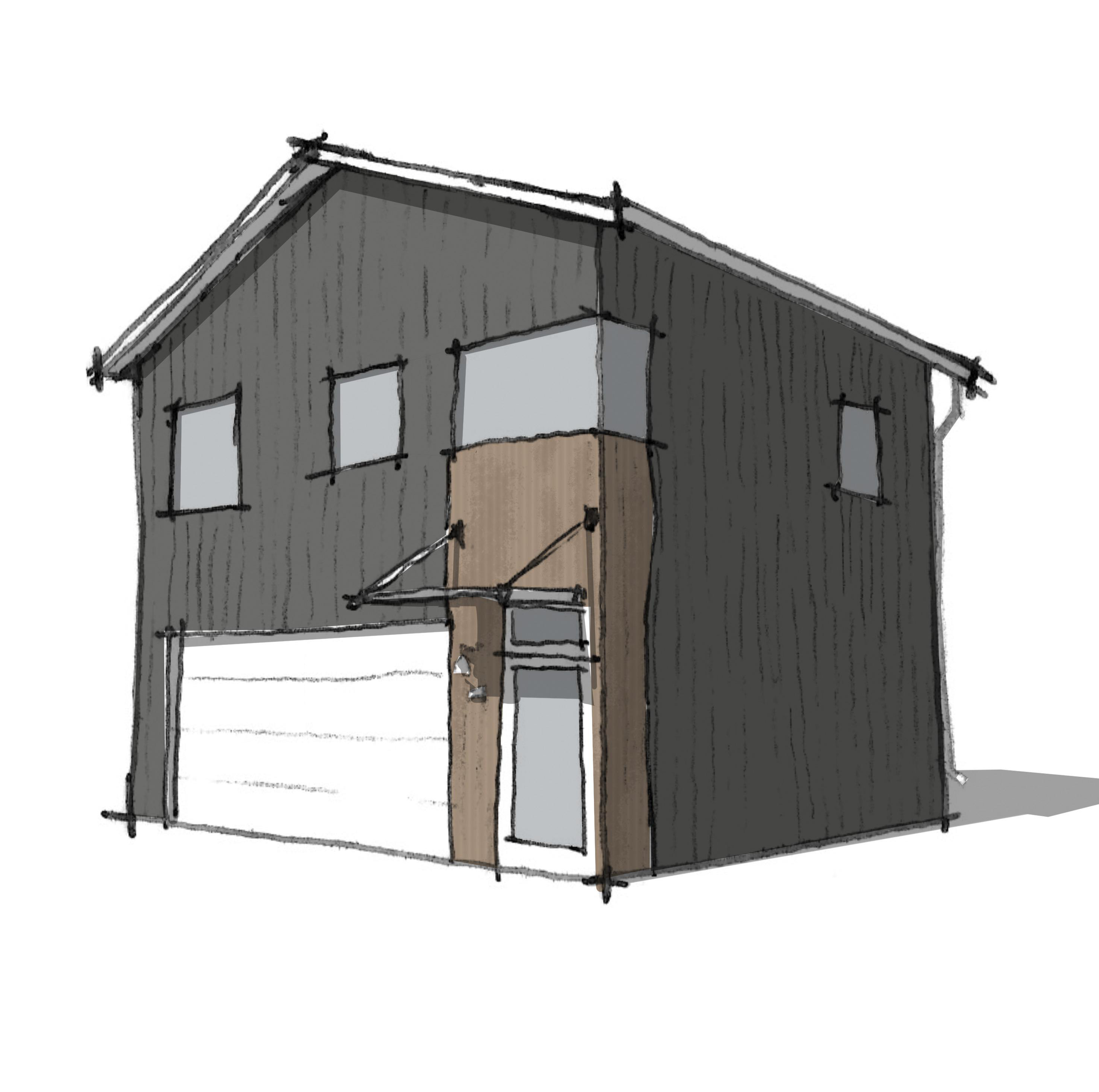 A sketch of a modern house with a sloped roof, large windows, and a small patio area.