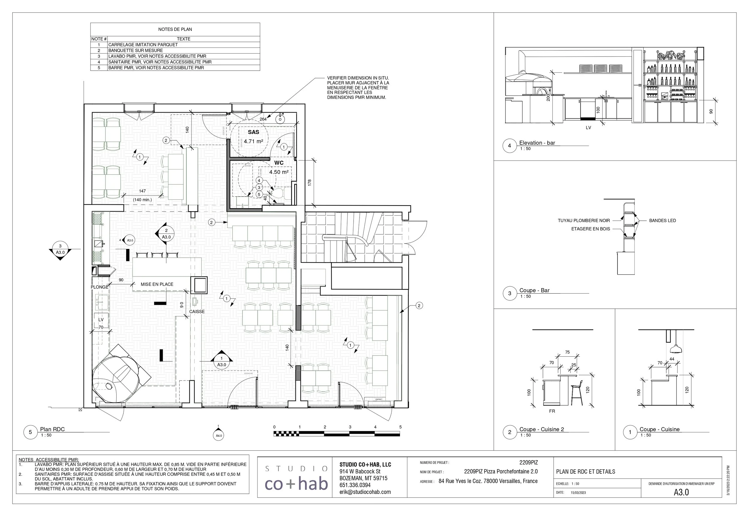 Architectural blueprint of a building layout with detailed notes, measurements, and elevations, including a bar, kitchen, and various rooms and areas.