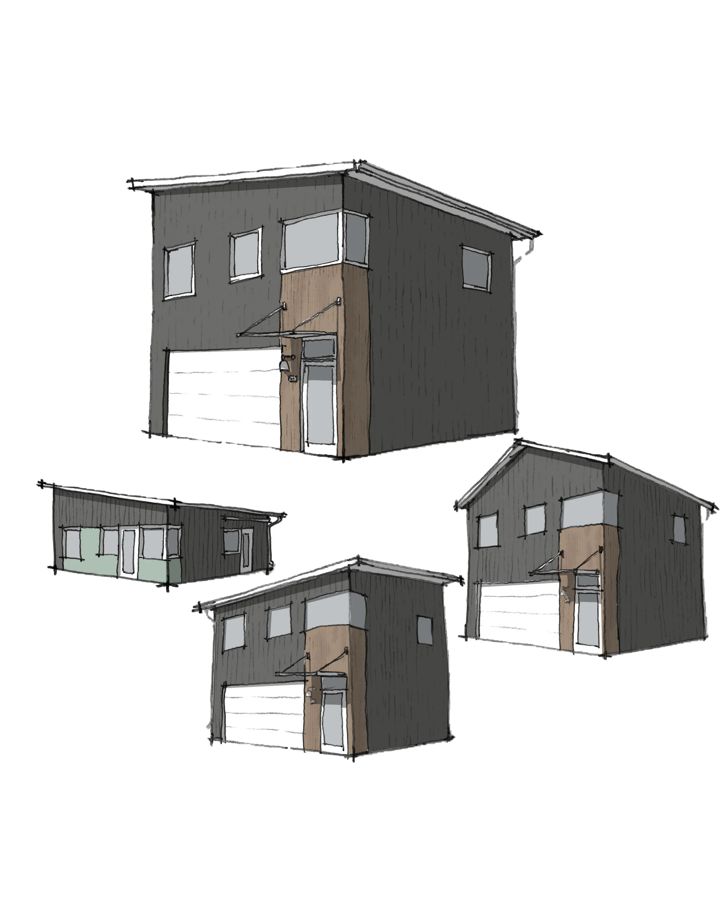 Illustration of modern residential buildings with dark gray and light gray exterior walls, large windows, and flat and sloped roofs, viewed from different angles.