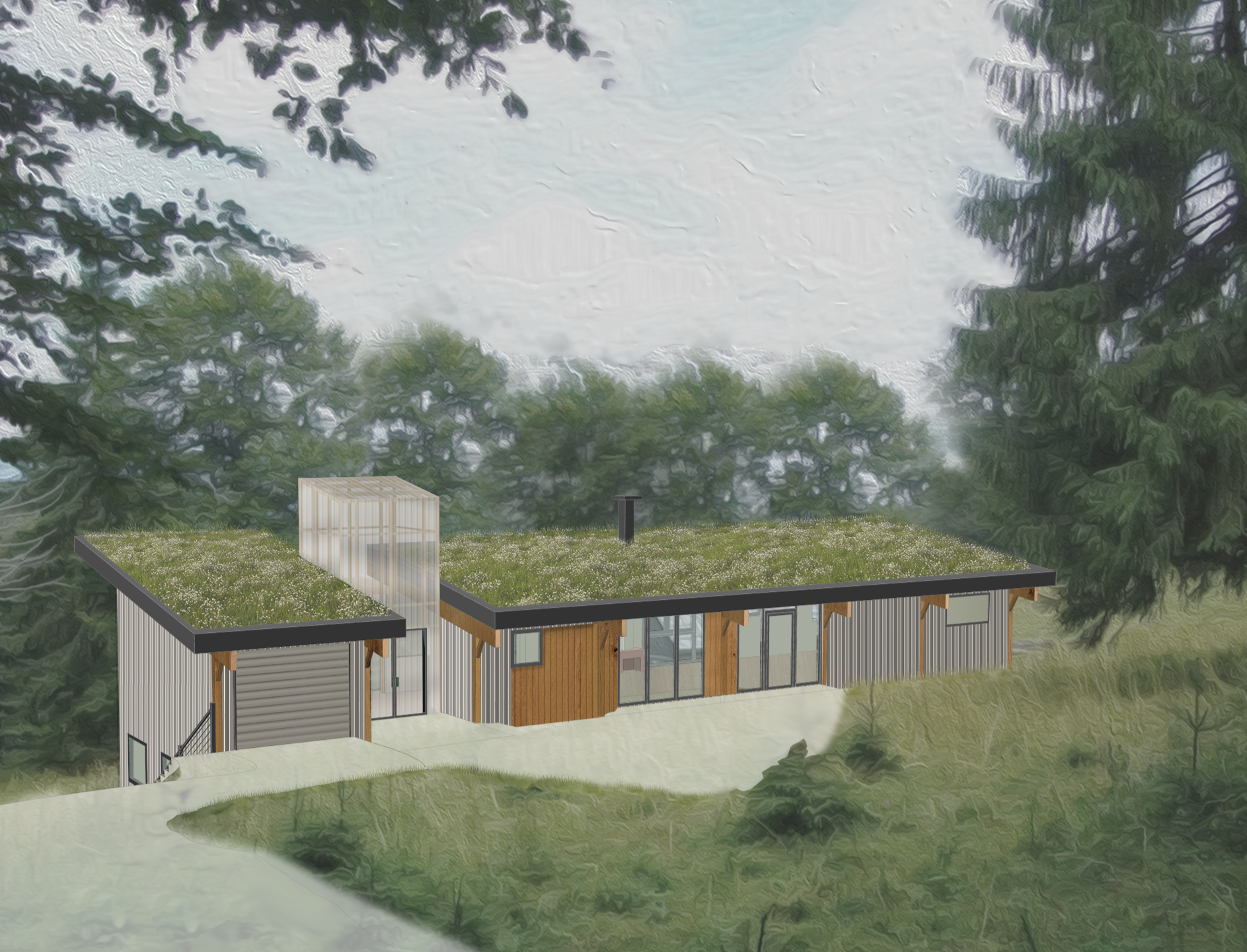 A modern house with a green roof, large glass windows, and a wooden exterior, surrounded by lush trees and grass, with a cloudy sky in the background.