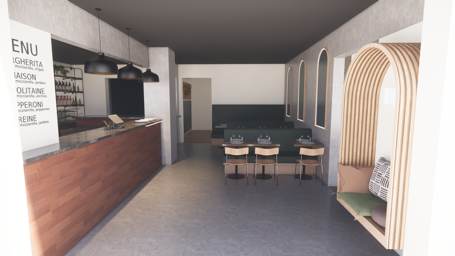 Modern restaurant interior with a wooden counter, black pendant lights, a small seating area with tables and chairs, and decorative wooden arches on the wall.