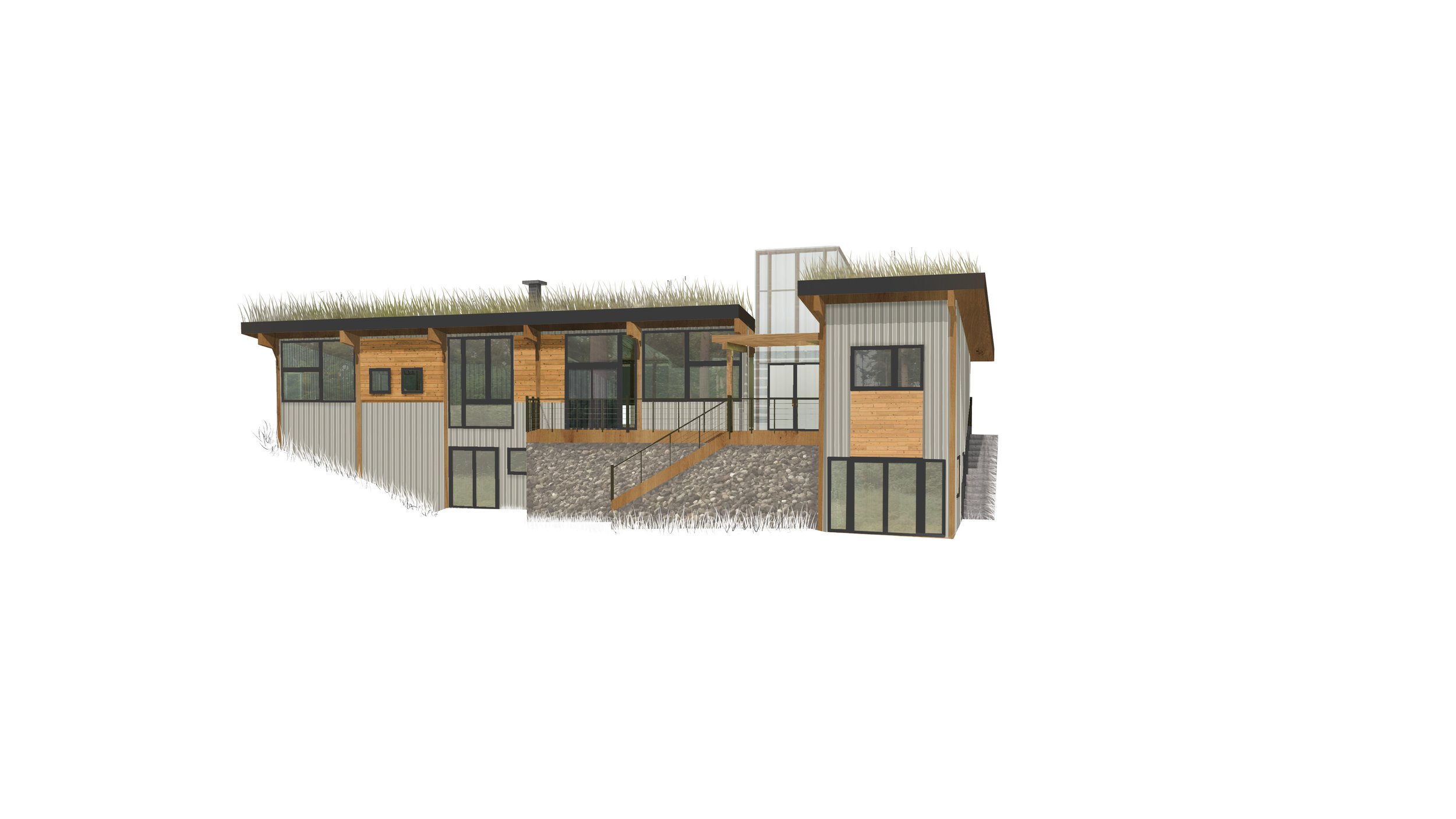 A modern house with a combination of wood, metal, and glass exterior, built on a sloped terrain with a rock retaining wall, featuring a green roof covered in grass.