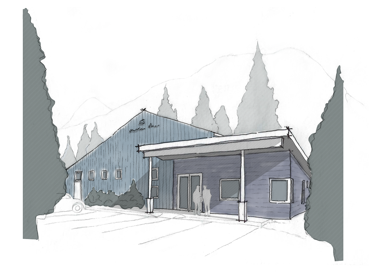 Sketch of a modern house with a sloped roof, surrounded by trees, with two people and a car in the front.