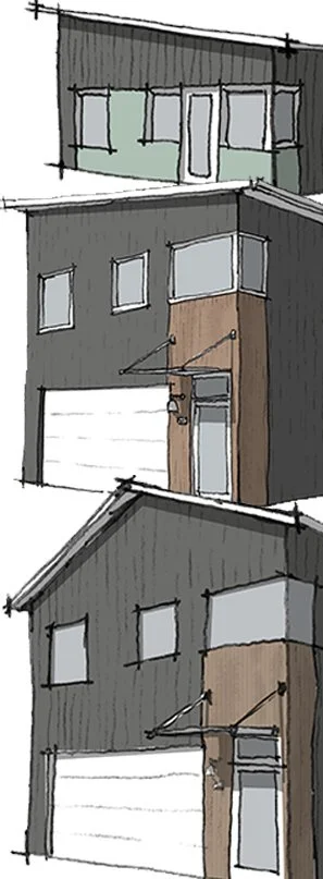 Sketches of a multi-story modern house showing the front, side, and rear elevations with exterior walls, windows, doors, and a garage door.