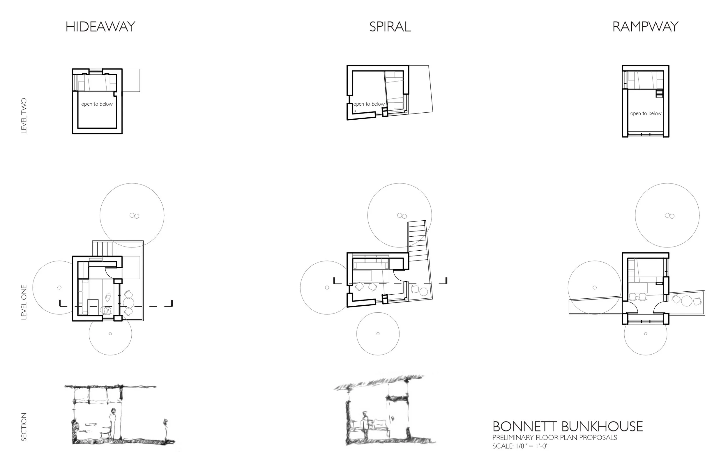 Architectural floor plan diagrams of a building, labeled as hideaway, spiral, rampway, and bonnett bunkhouse, each showing layouts and open areas, with a scale of 1/8 inch equals 1 foot.