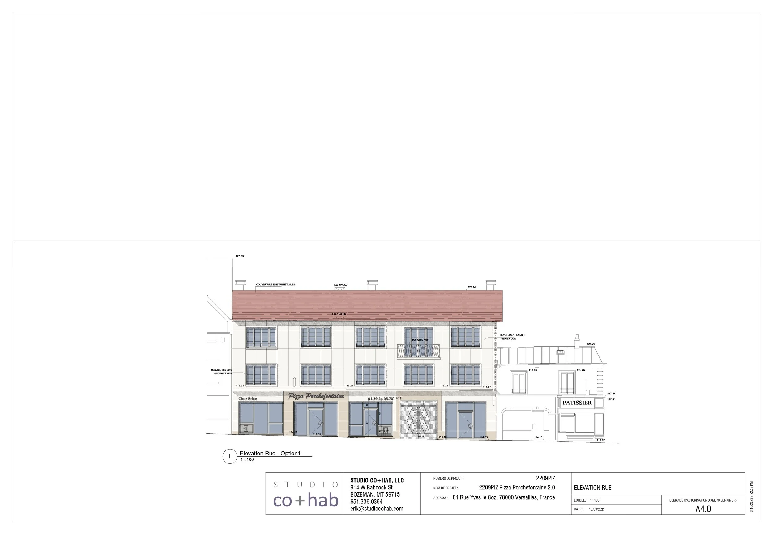 Architectural drawing of a multi-story building with commercial spaces on the ground floor, including a pizza restaurant and a patisserie, with detailed measurements and project information.