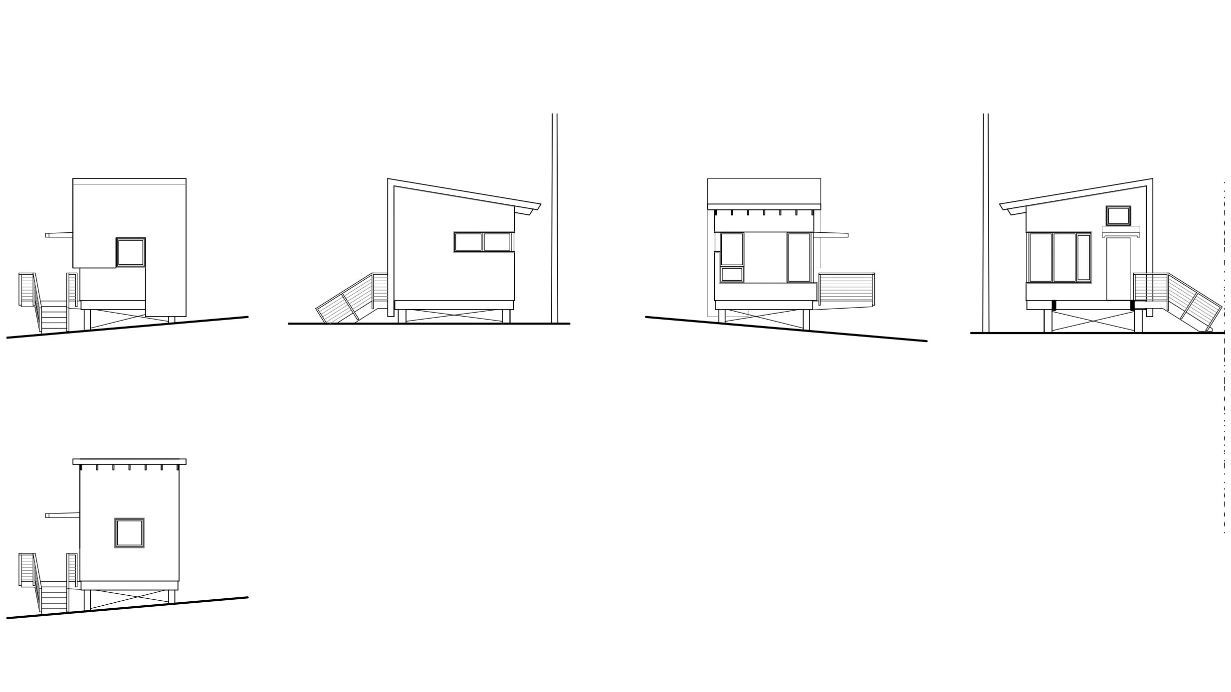 Line drawing blueprints of a modern small house with different side and front views, showing details of windows, doors, stairs, and rooftop.