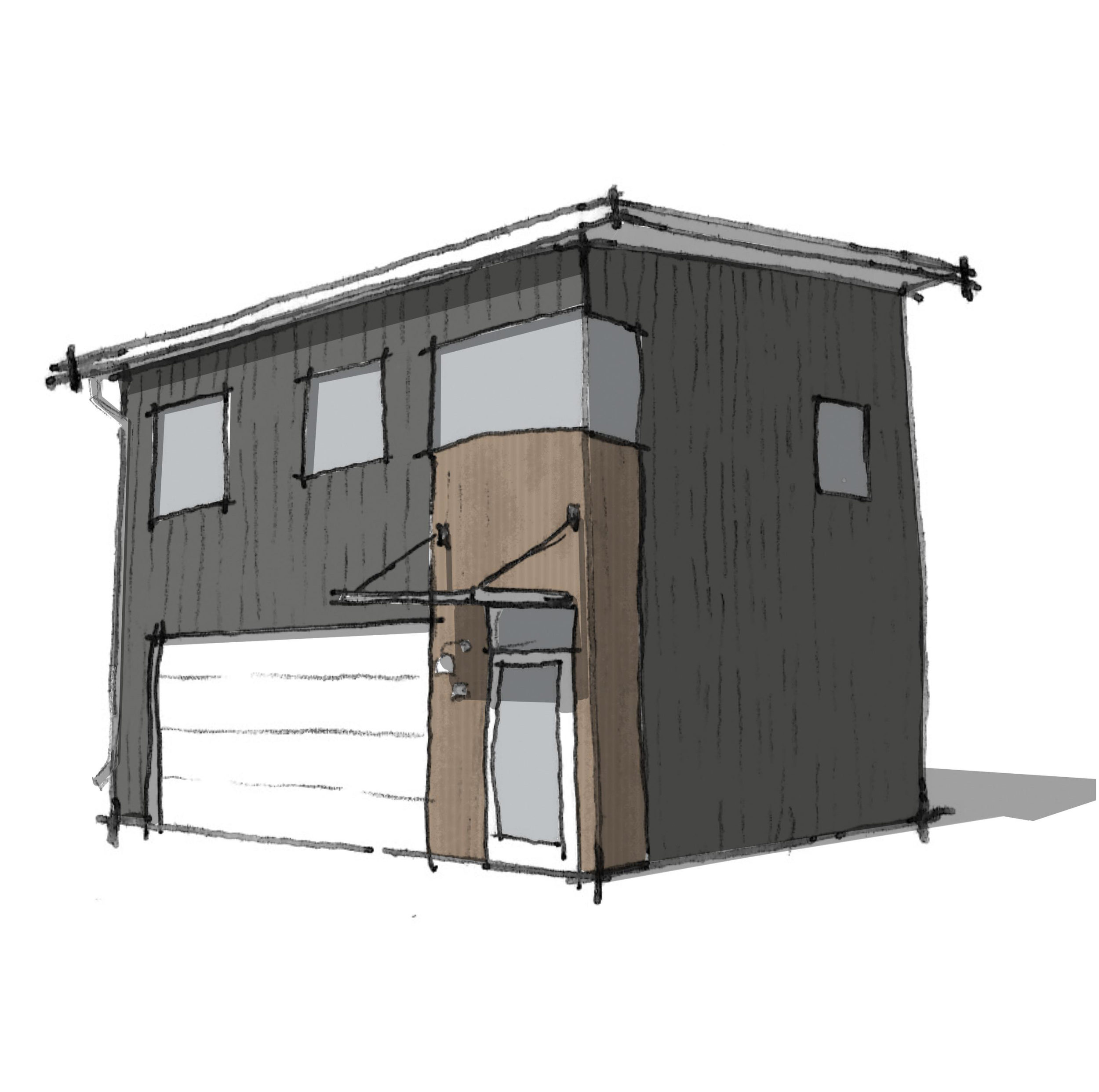 A digital drawing of a building with wood siding, windows and a door. The building has a sloped roof and is set against a white background.