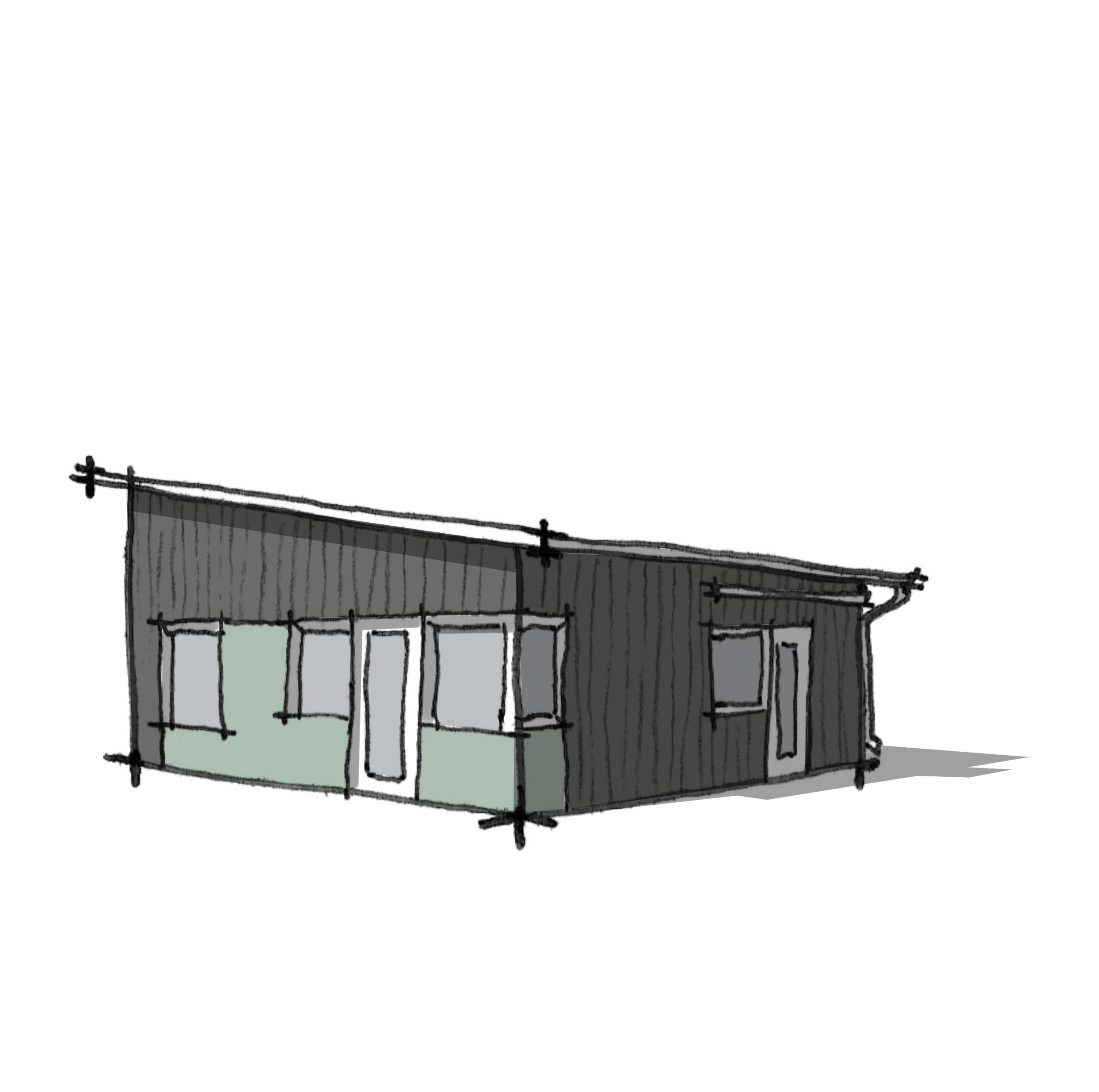 Drawing of a house with a dark roof, light walls, large windows, and a front porch.