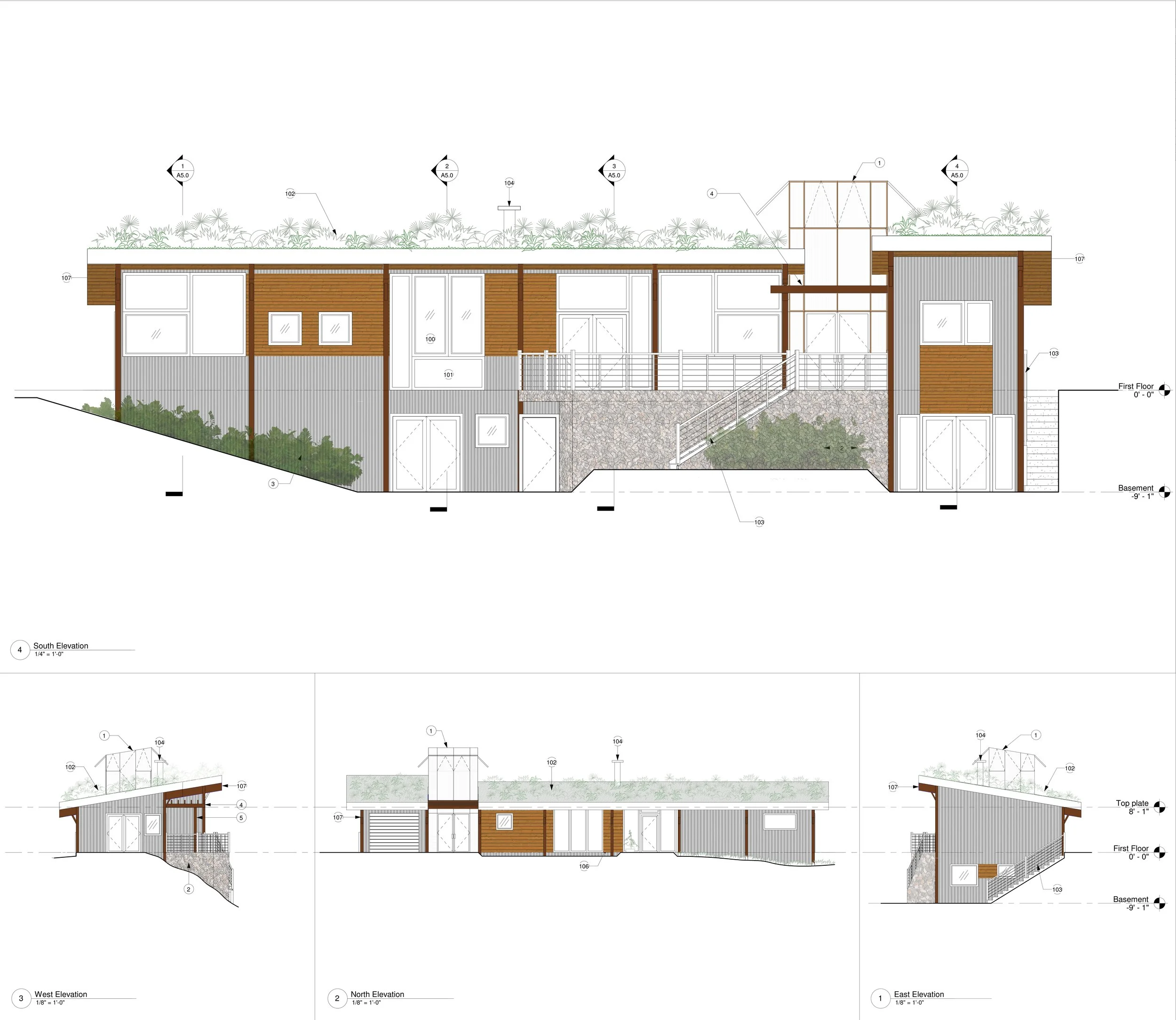 Architectural drawing of a modern house with multiple elevations, showing exterior walls, windows, doors, and roof details on a blueprint.