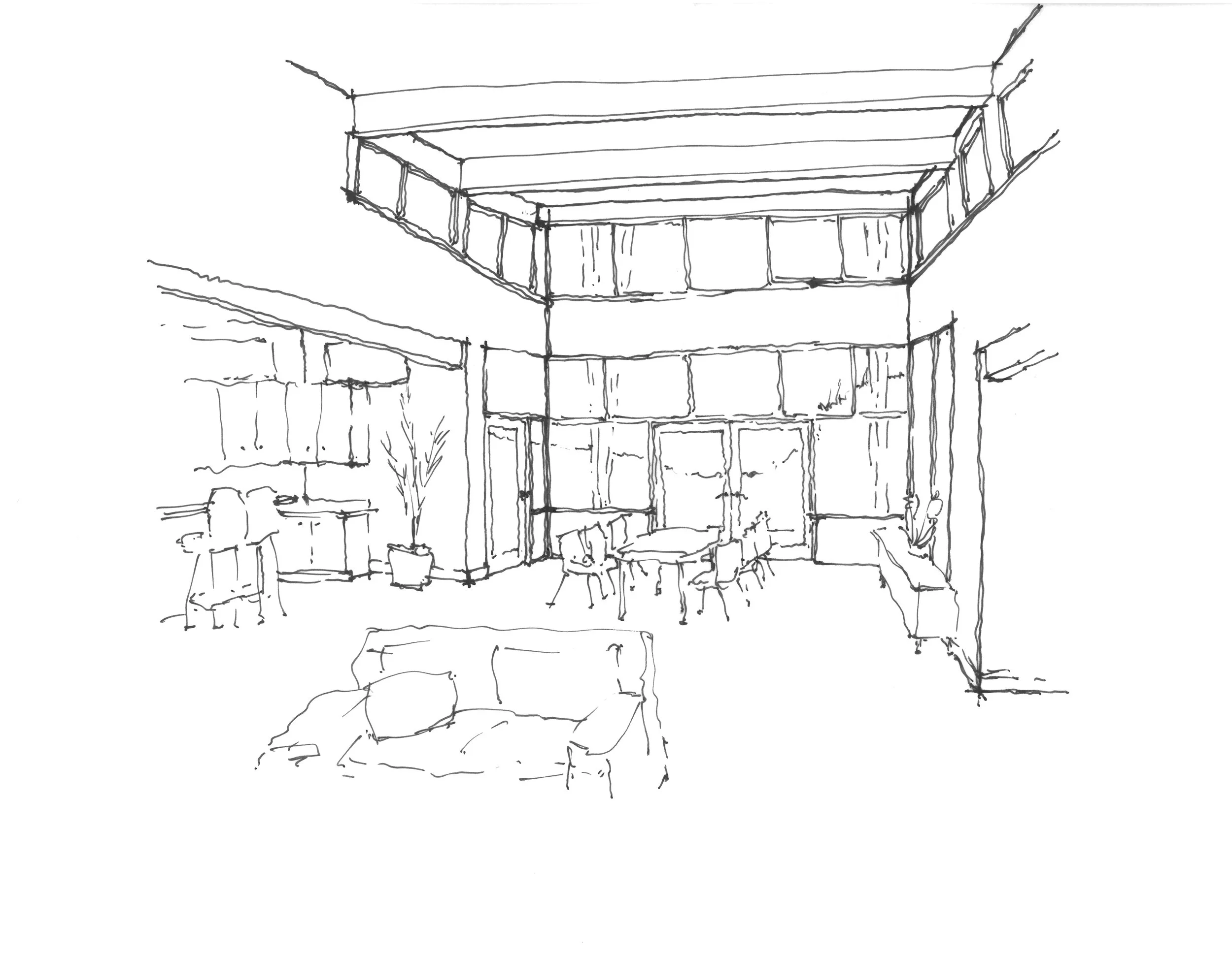 Line drawing of a modern interior space featuring a high ceiling with exposed beams, large window, and string lights, with seating and decorative plants.