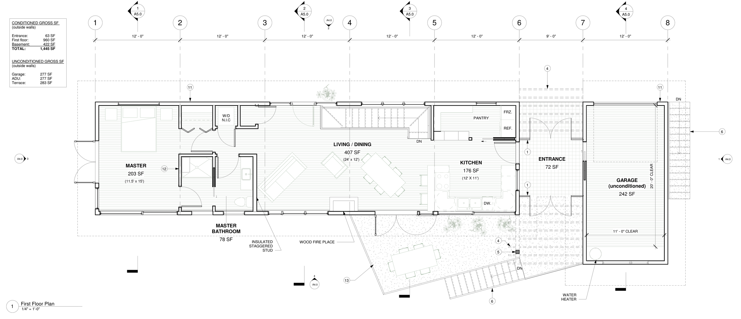 Architectural floor plan of a house detailing the layout of the first floor with rooms labeled including master bedroom, living/dining area, kitchen, and garage, with measurements and features marked.