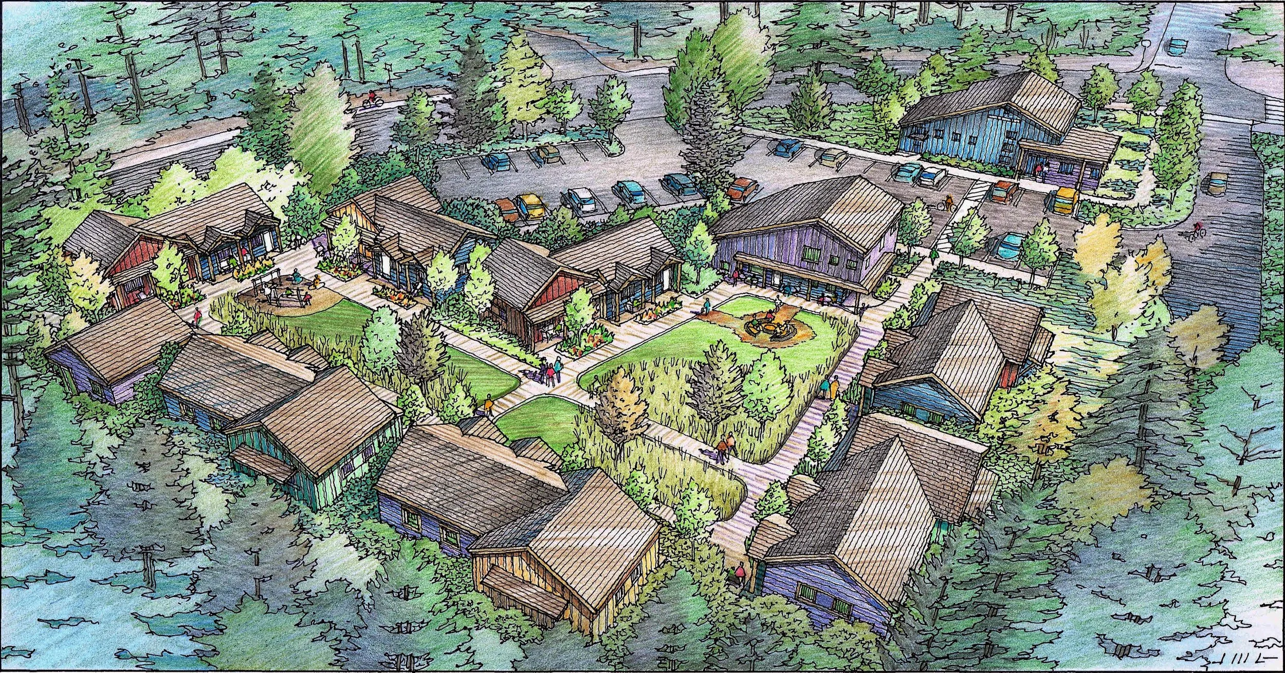 A colorful sketch of a small community with several cottages, a central courtyard with pathways, trees, and a parking lot, surrounded by dense forest.