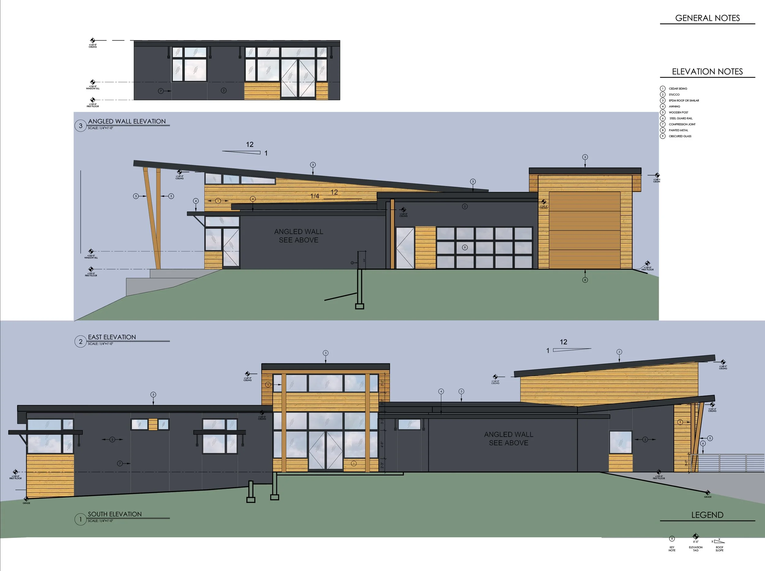 Architectural blueprint of a modern house showing front, east, south, and other elevations with details on windows, roofing, and exterior materials.