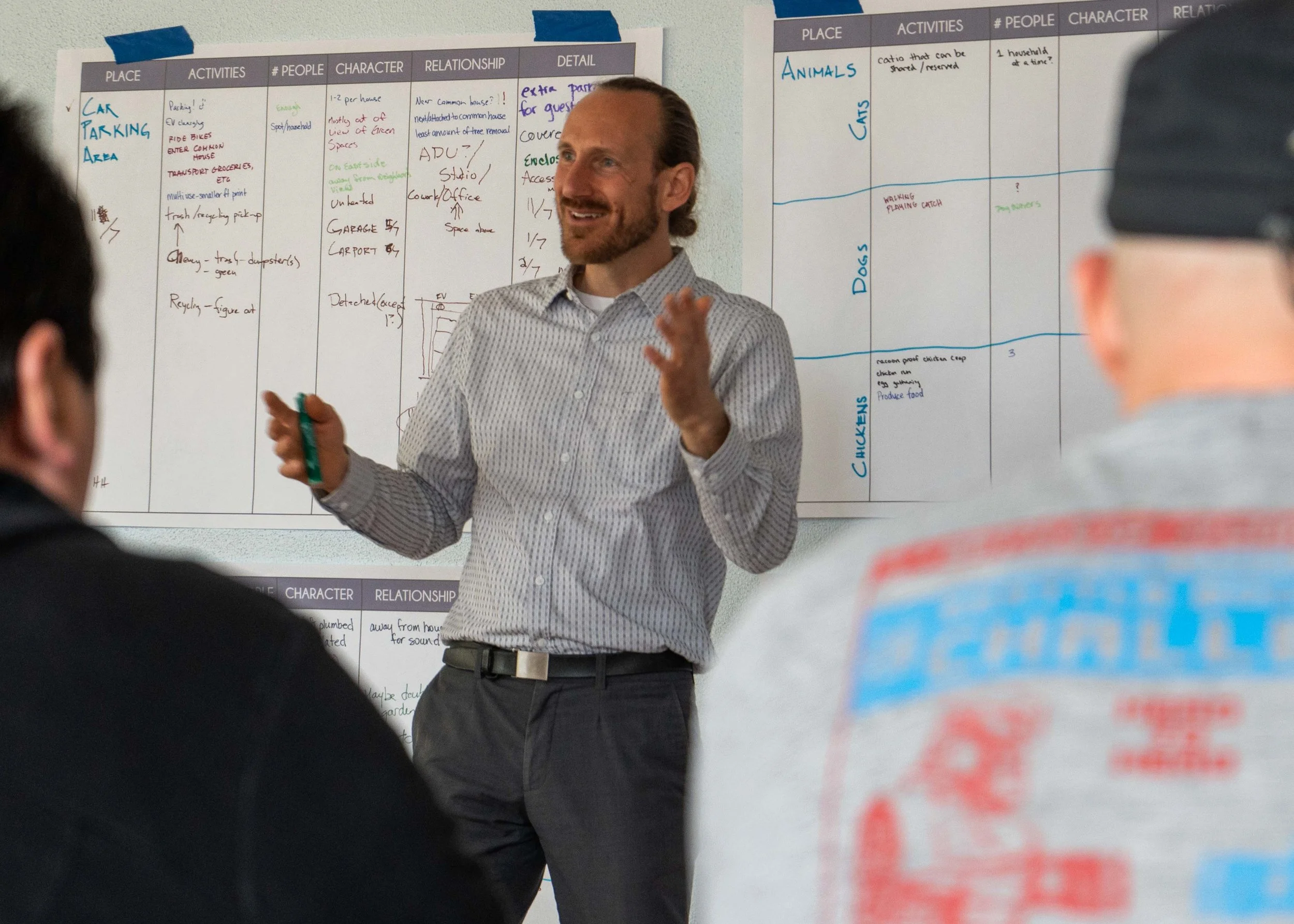A man with a beard and long hair, wearing a checkered shirt, is speaking in front of a whiteboard with notes. Several people are listening, with the back of their heads visible in the foreground.