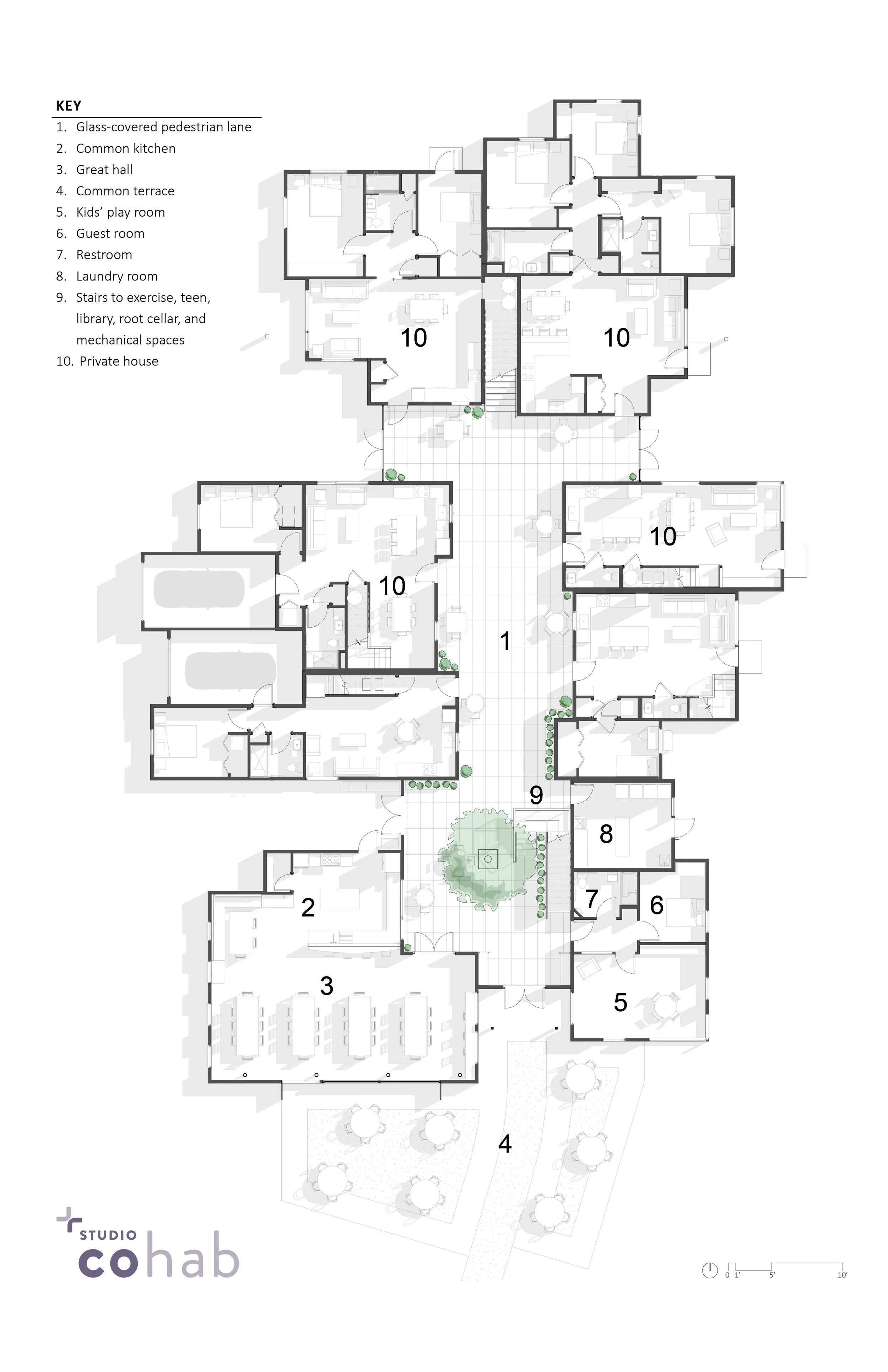 Architectural site plan of a large building complex with landscaped outdoor areas, pathways, and multiple rooms labeled with numbers, including a communal kitchen, great hall, terrace, kids' playroom, guest room, restrooms, laundry room, and other sp
