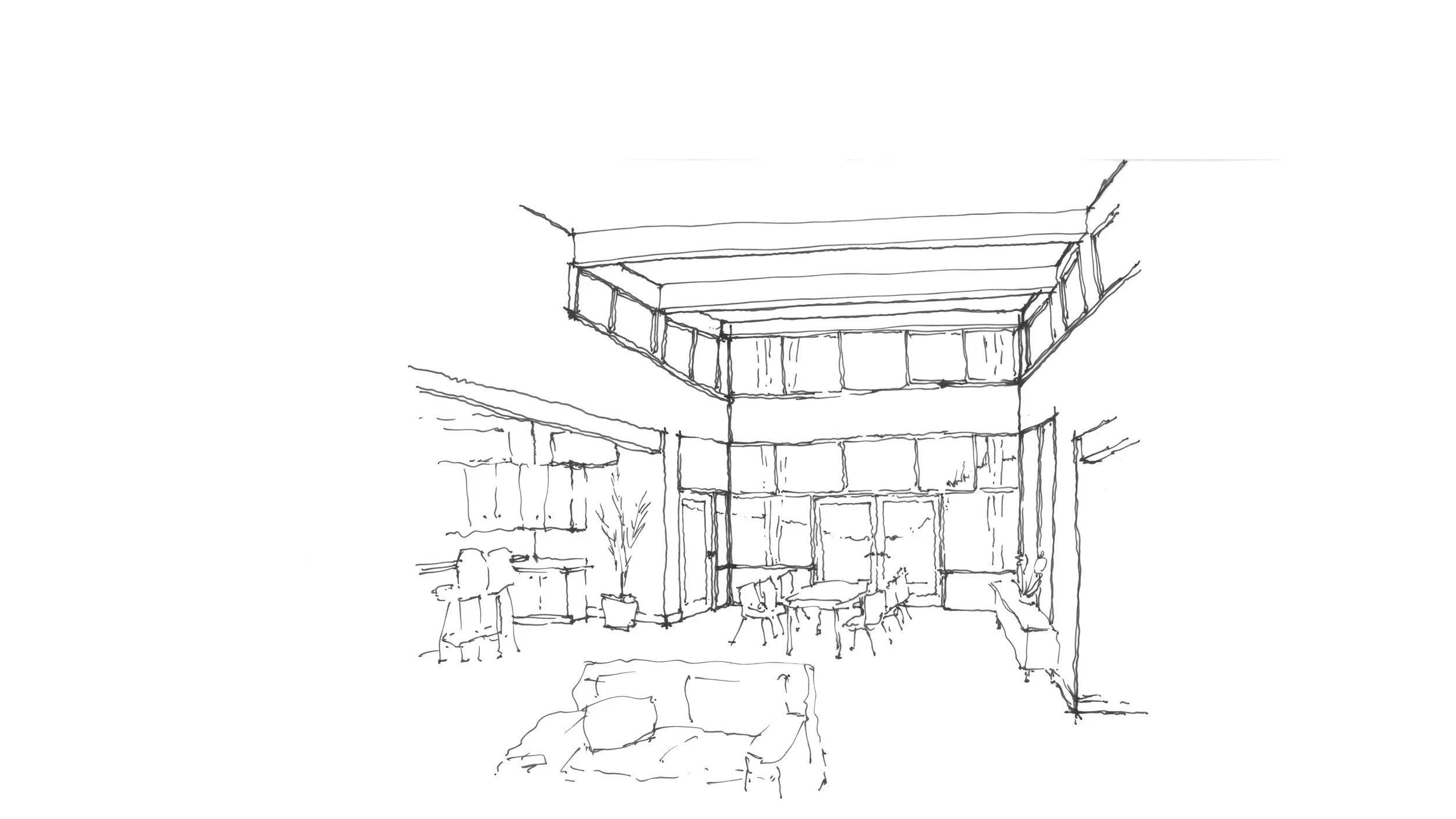 Line drawing of a modern living room with high ceiling, large windows, and minimal furniture.