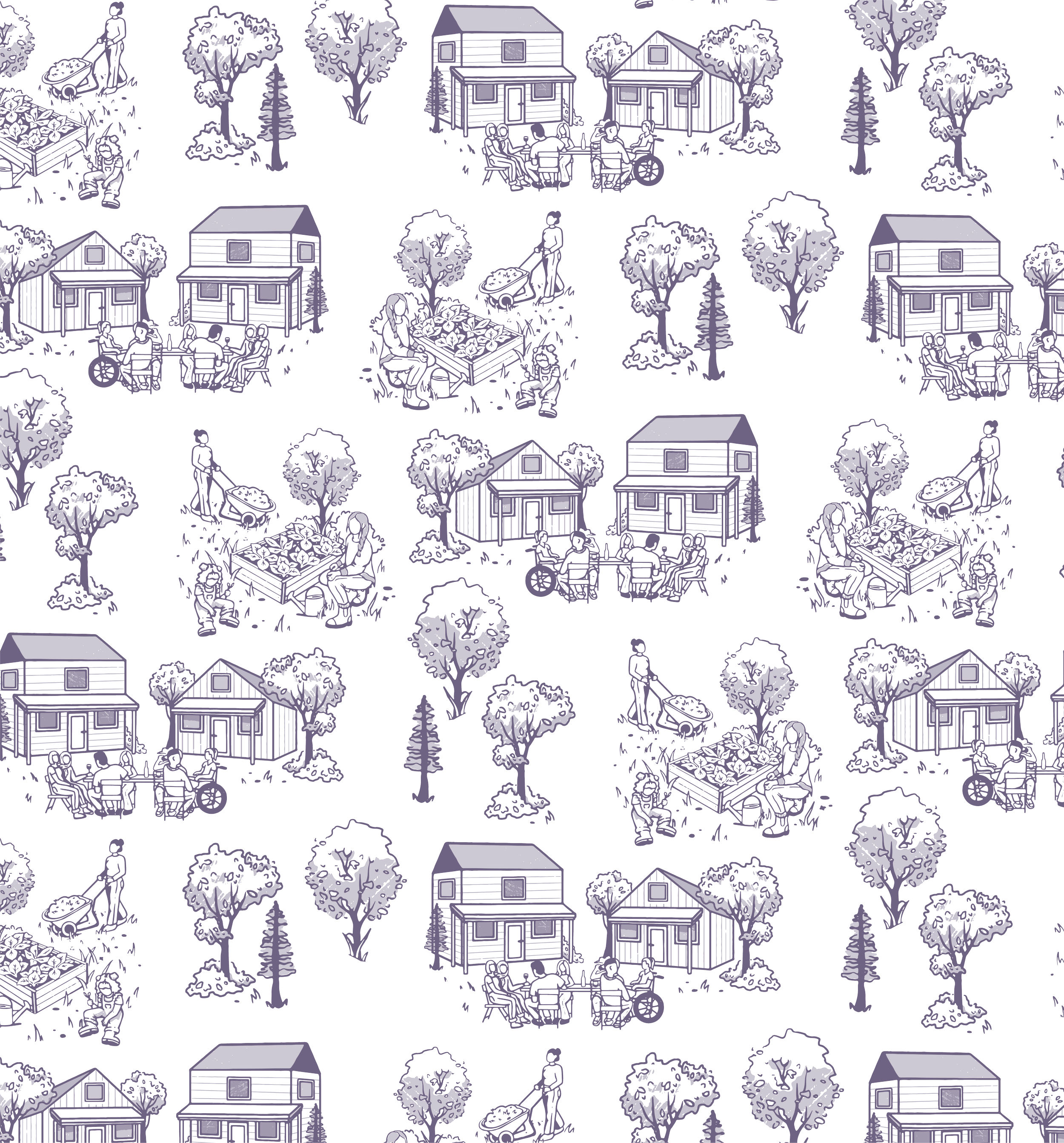 Pattern with illustrations of houses, trees, and people gardening, in a light purple outline on a black background.
