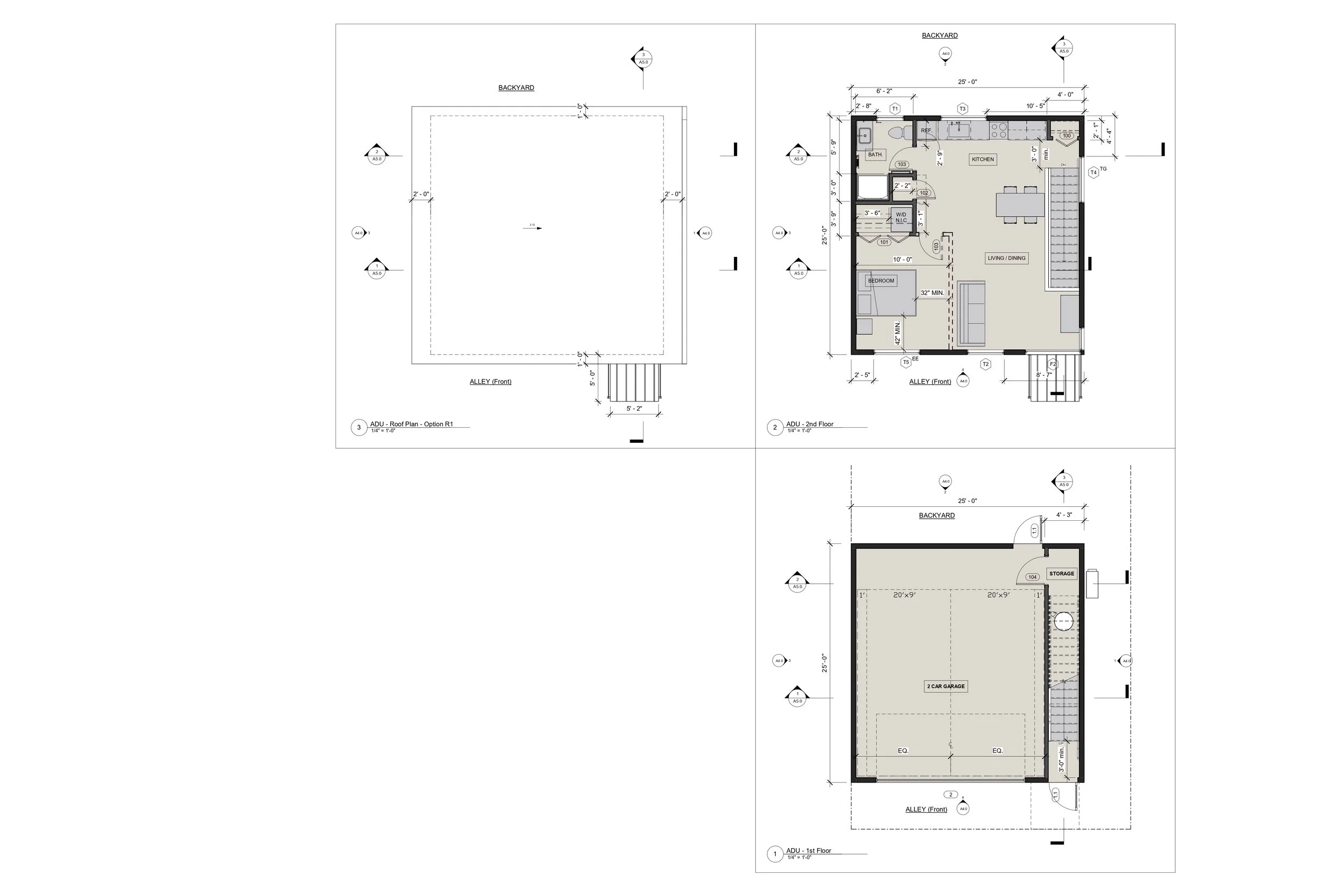Architectural floor plans for a residential building, displaying underground garage, main living areas, bedrooms, kitchen, bathroom, storage, and backyard.