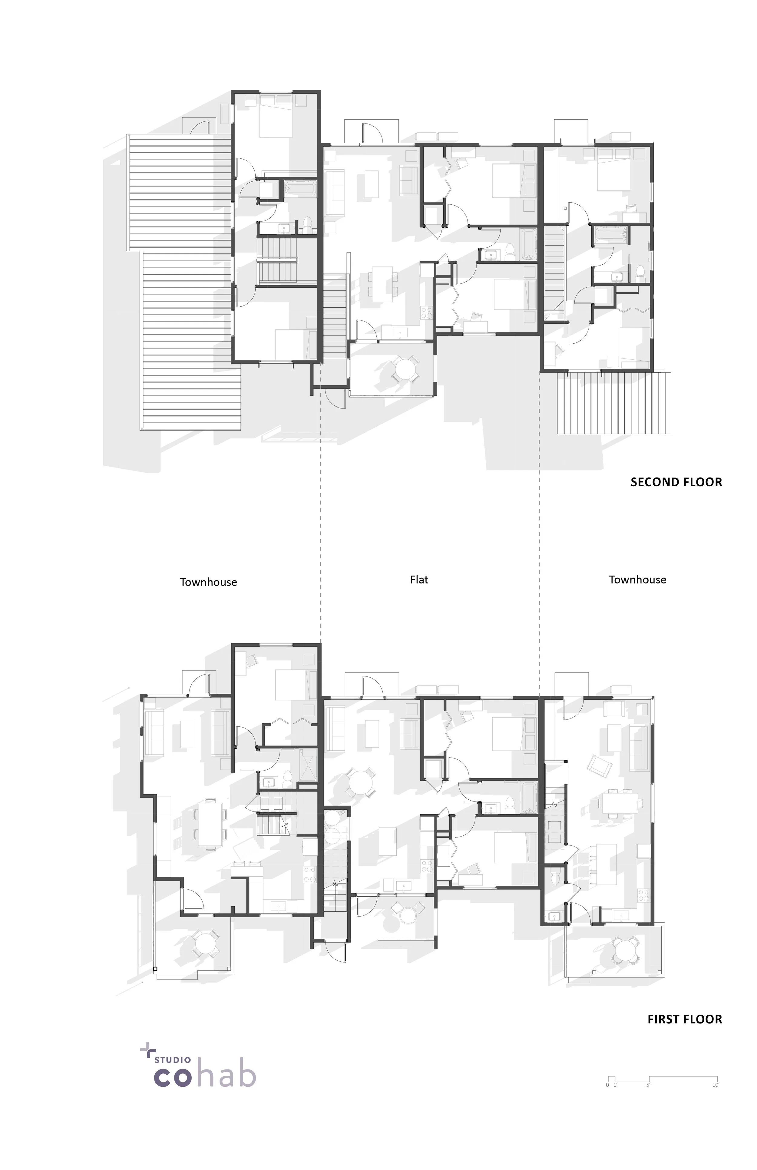 Floor plan of a residential building with labeled first and second floors, showing rooms, hallways, staircases, and outdoor decks.