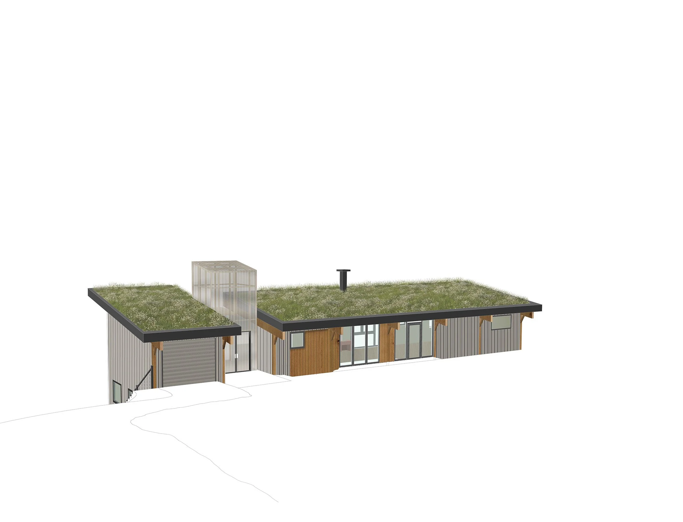 Cross-section of a modern house with a green rooftop, glass walls, and a wooden interior.