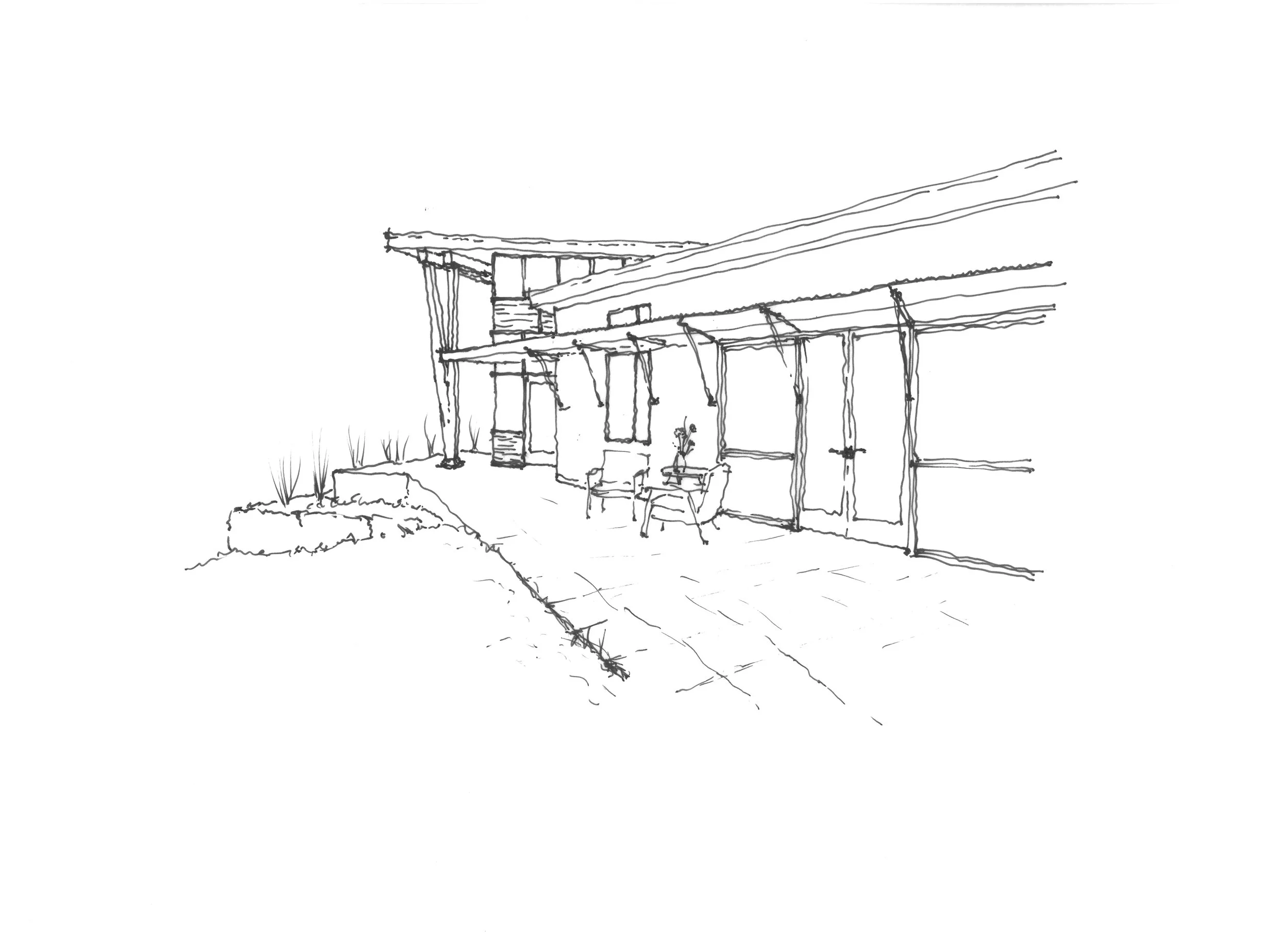 Line drawing of a house with a porch, chairs, and surrounding landscape.