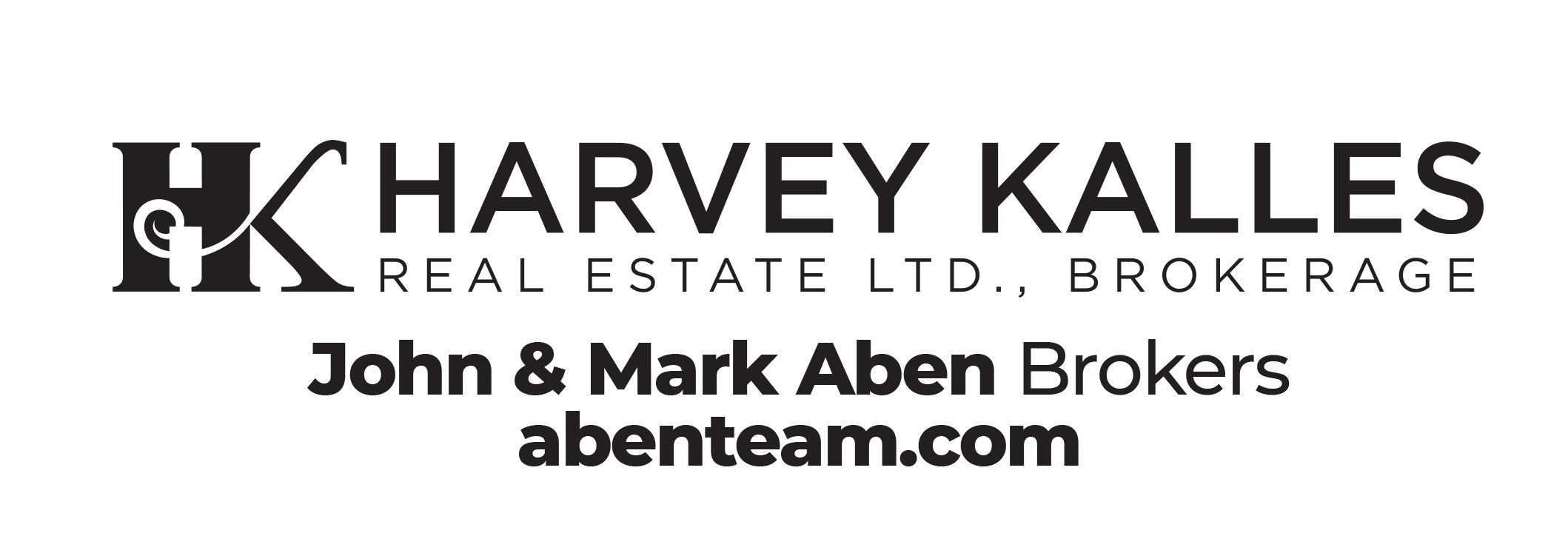 Harvey Kalles Real Estate logo with the text John & Mark Aben Brokers and website abenteam.com