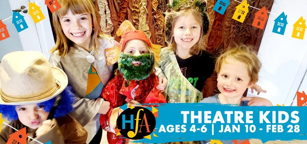 Group of five young children dressed in costumes, with colorful decorations and banner promoting theatre kids ages 4-6 from January 10 to February 28.