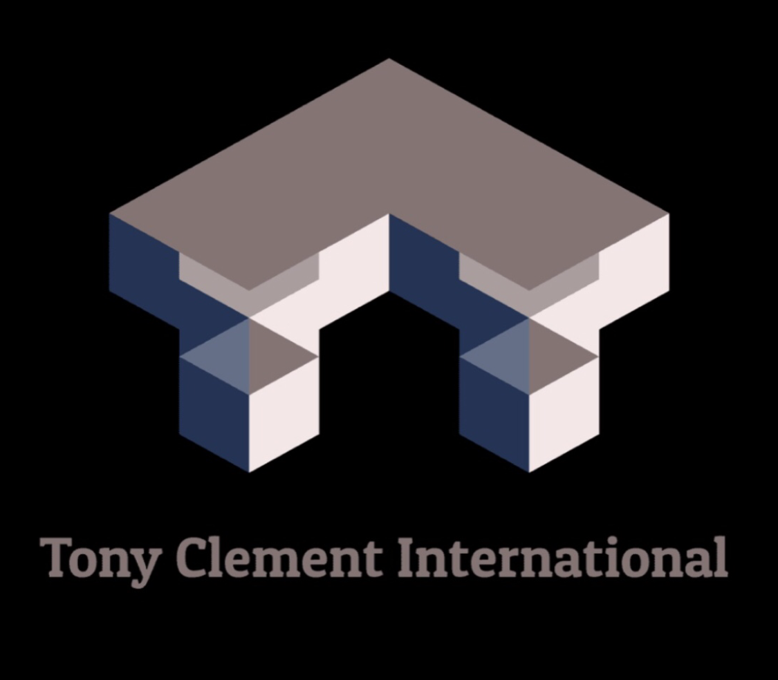 Logo with a 3D geometric shape resembling an uppercase 'A' and the text 'Tony Clement International' underneath, all on a black background.