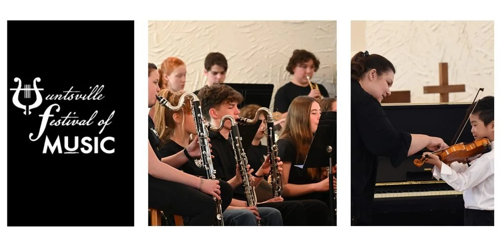 Photo promoting the Suntsville Festival of Music featuring a logo, a group of young musicians playing wind instruments, and a woman and young boy playing the violin together.