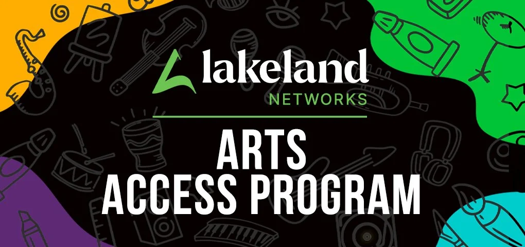 Artwork promoting Lakeland Networks Arts Access Program with colorful outlined doodles of art supplies on a black background.