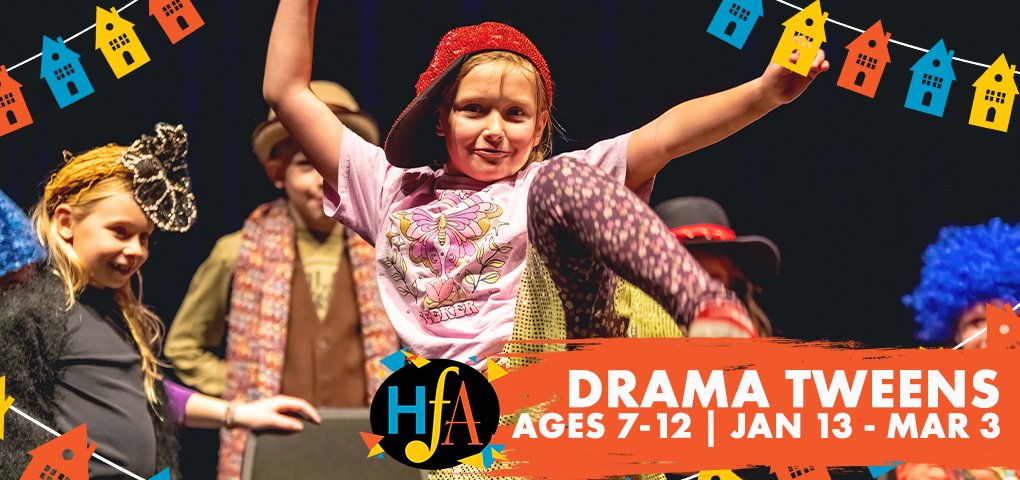 Children performing in a school play or drama event with colorful banners overhead and a sign indicating it is for drama tweens ages 7-12, from January 13 to March 3.