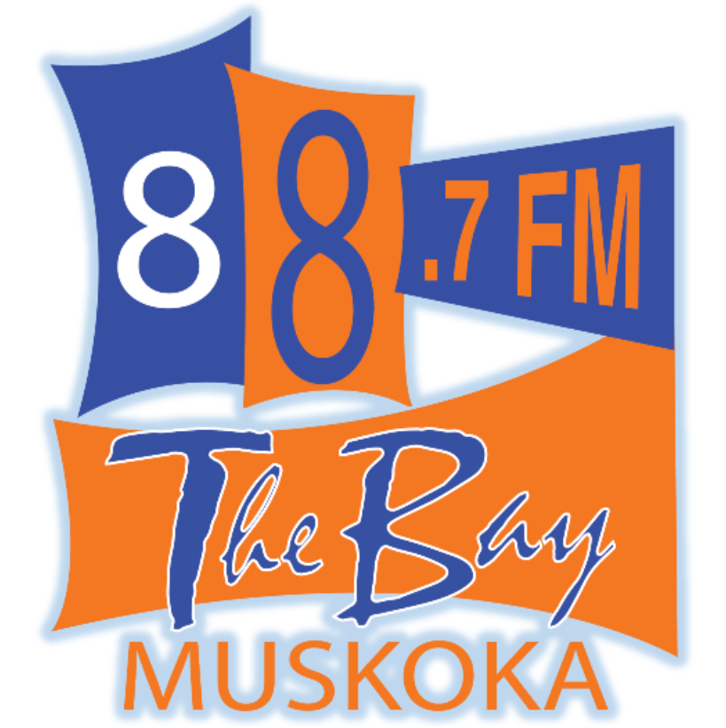 Logo for 880 FM, The Bay Muskoka radio station, with blue and orange colors and stylized text.