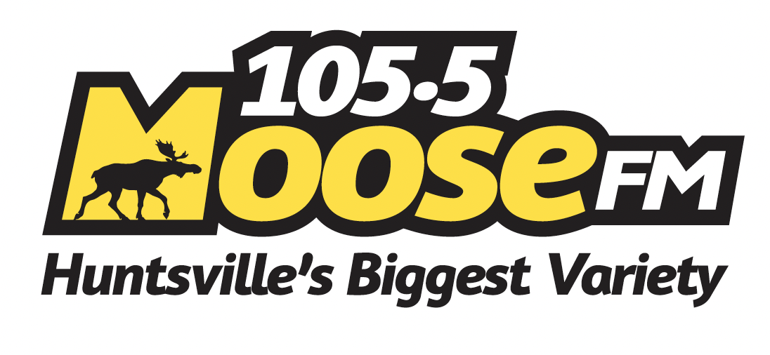 Logo of Moose FM radio station with a black moose silhouette and the text "105.5 Moose FM" and "Huntsville's Biggest Variety" in black.