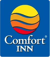Comfort Inn logo with a colorful circular design above the hotel name on a blue background.
