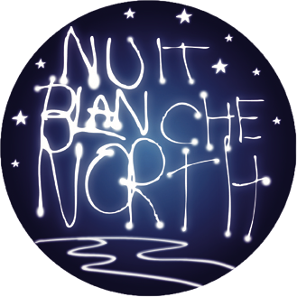 Neon sign reading 'Nuit Blanche Night' with stars and a winding river on a dark background.