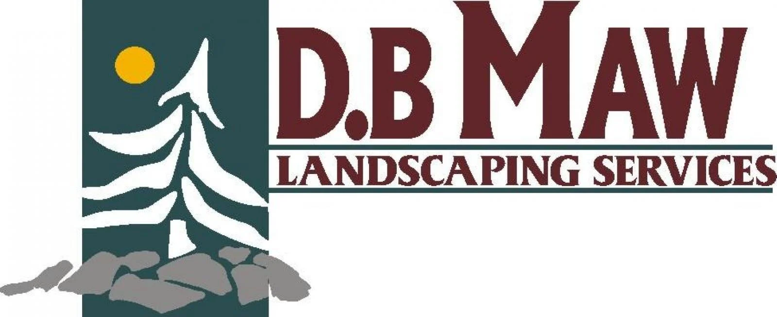 Logo for D.B. Maw Landscaping Services featuring a stylized tree, rocks, a rising sun, and text.