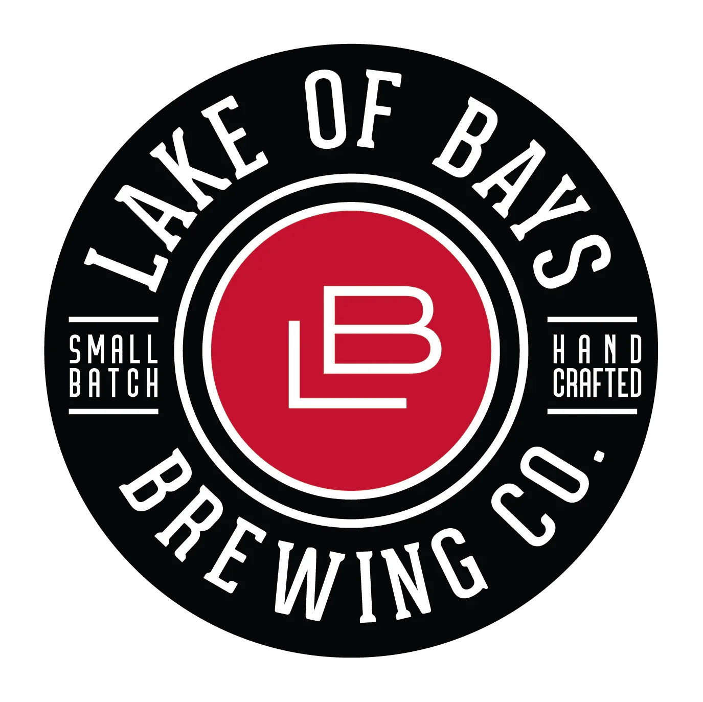 Logo of Lake of Bays Brewing Co., featuring a black circular background with white text, a red inner circle with a white 'LB' monogram, and phrases 'Small Batch' and 'Hand Crafted'.