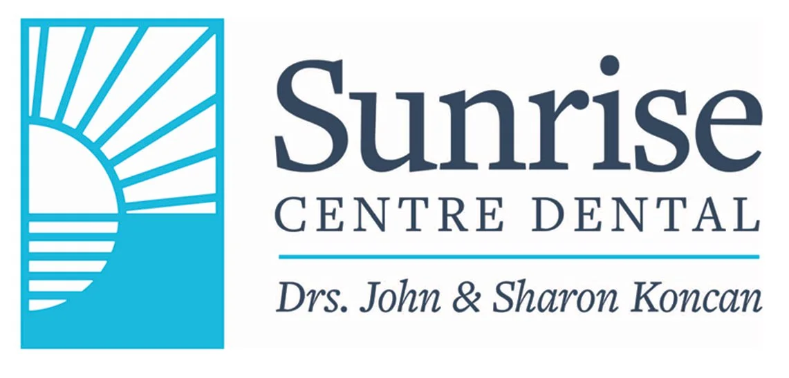 Logo for Sunrise Centre Dental featuring a stylized sun with rays in a blue square, and text with the practice's name and doctors' names.