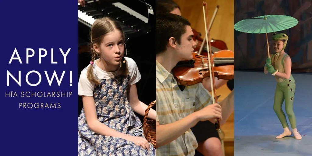 Children and young adults playing musical instruments on stage, with a sign reading "Apply Now! HfA Scholarship Programs".