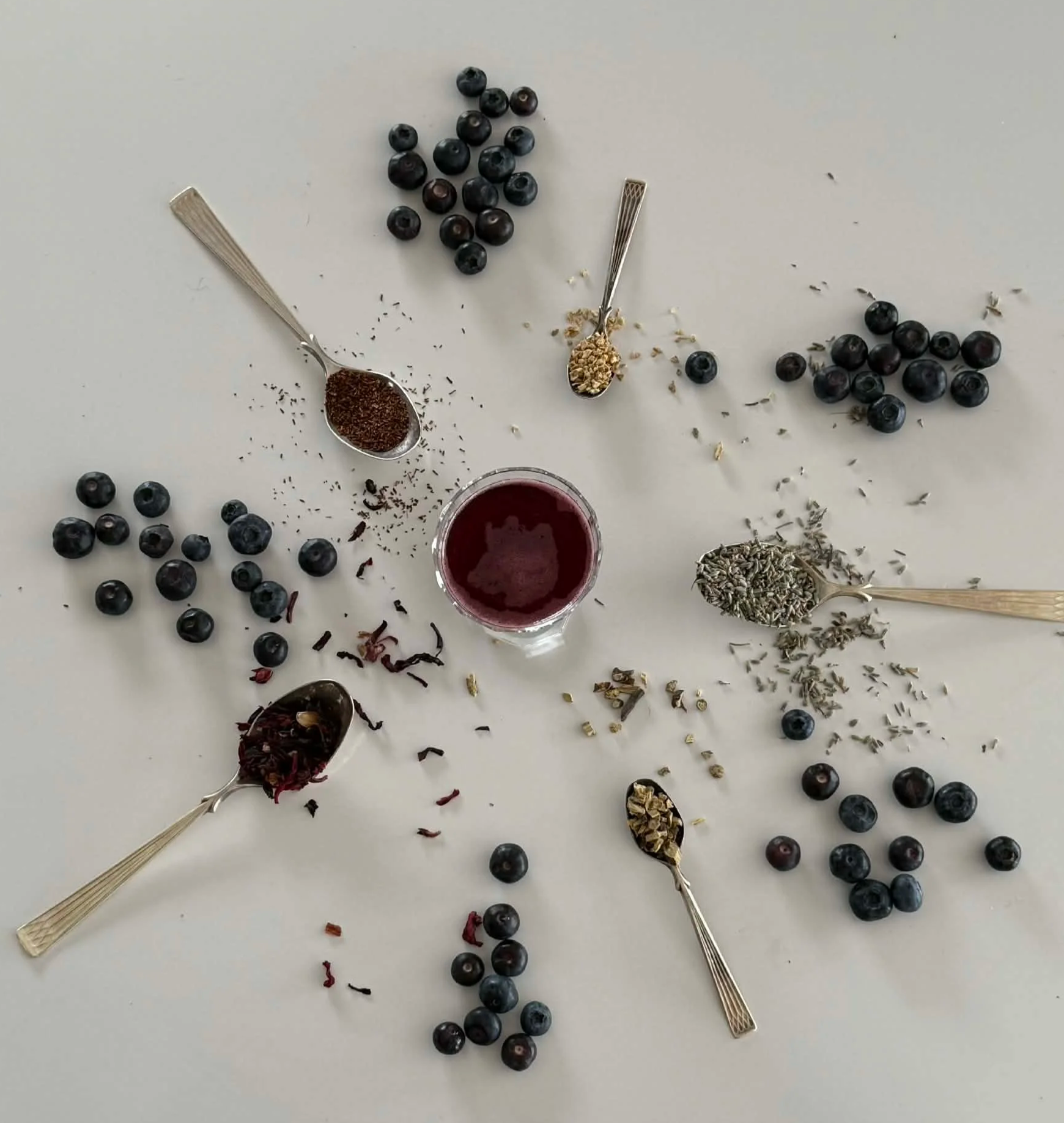 Various dried herbs and flowers, blueberries, and a glass of red tea on a white surface.