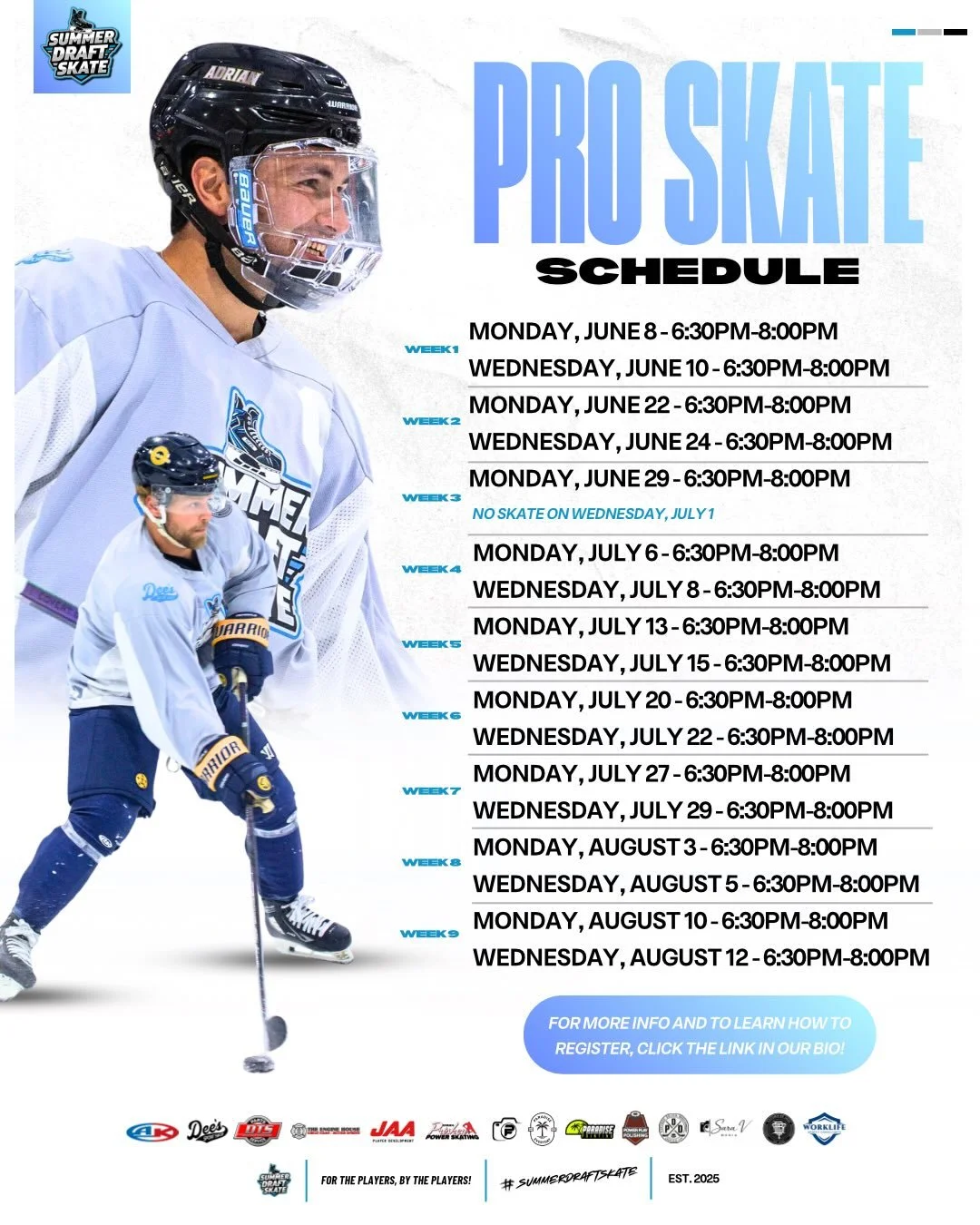 SUMMER DRAFT SKATE SCHEDULE 🗓️

time to lock in, show up, and set the tone for the summer 📈

PRO SKATE - all pro skates will be on mondays and wednesdays from 6:30pm-8:00pm from june 8 - august 12 🔥

ELITE SKATE - all elite skates will be on monda