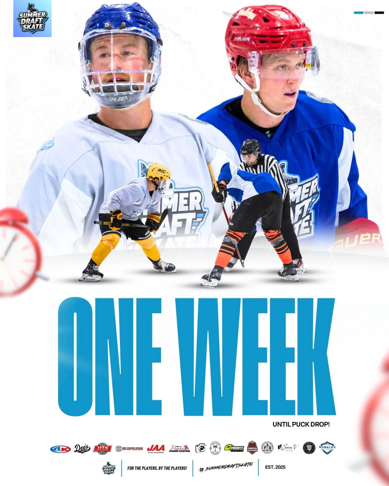 SEVEN DAYS FROM SHOWTIME!! ⏰⏰⏰

year 2 of the @summerdraftskate is right around the corner as we&rsquo;re one week away from puck drop 🔥

the stage is set and the rosters are being finalized - if you&rsquo;d like to skate in week 1, click the link i