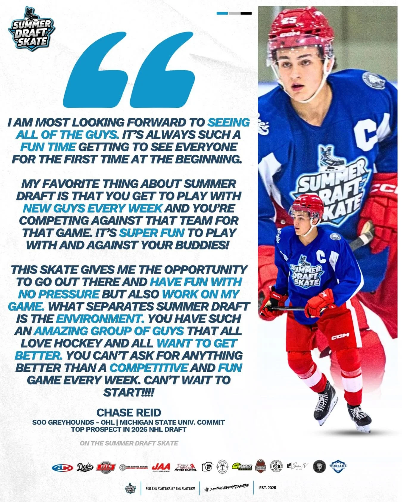 fresh off the @nhl Scouting Combine, current Soo Greyhound and Michigan State commit @cjreid_94 is looking forward to seeing all of the guys at the @summerdraftskate this summer while having fun with no pressure but also has the opportunity to work o