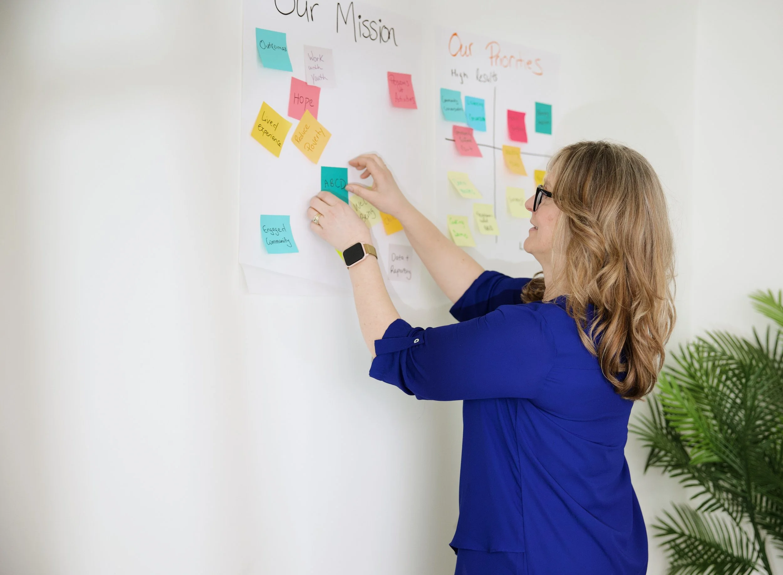 A woman placing a yellow sticky note on a whiteboard with various colored notes organized into sections labeled 'Our Mission' and 'Our Promises'.